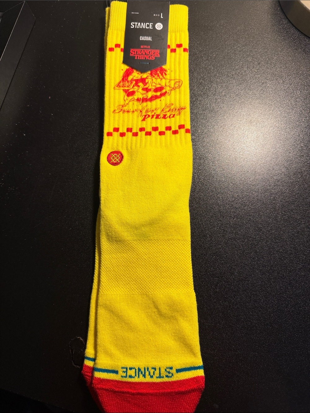 Stance Yellow Crew Socks with Red Pizza Graphic
